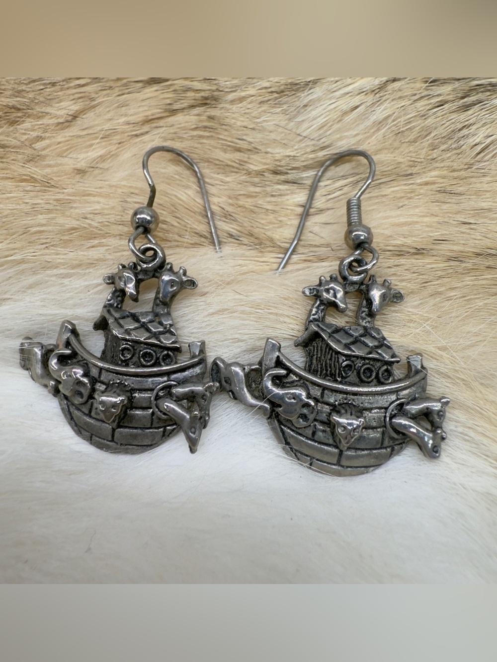 Vintage Noah’s Ark Pewter Dangle Hook Earrings